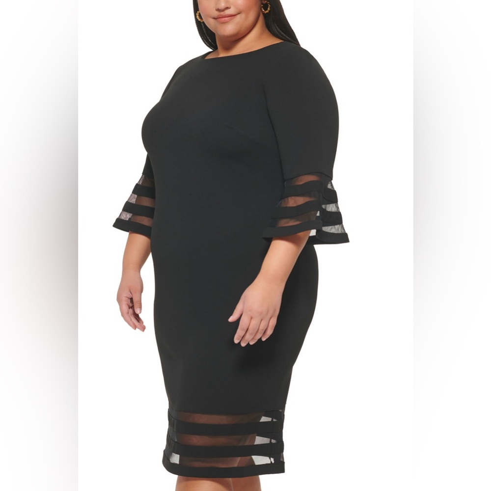 Calvin Klein plus size black 3Q illusion stripe bell sleeves sheath dress 20W - Picture 3 of 9